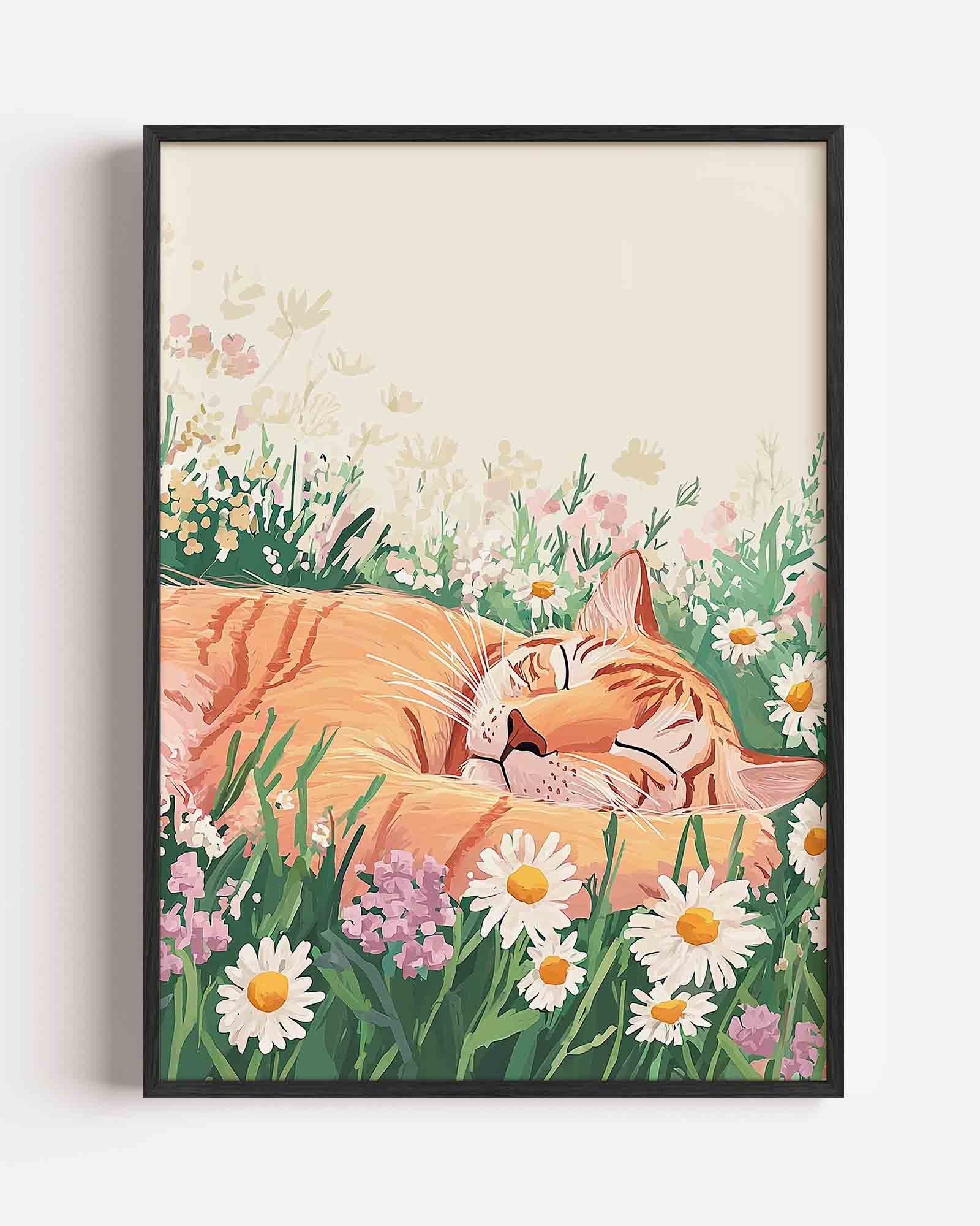 Slapende kat in bloemen Poster