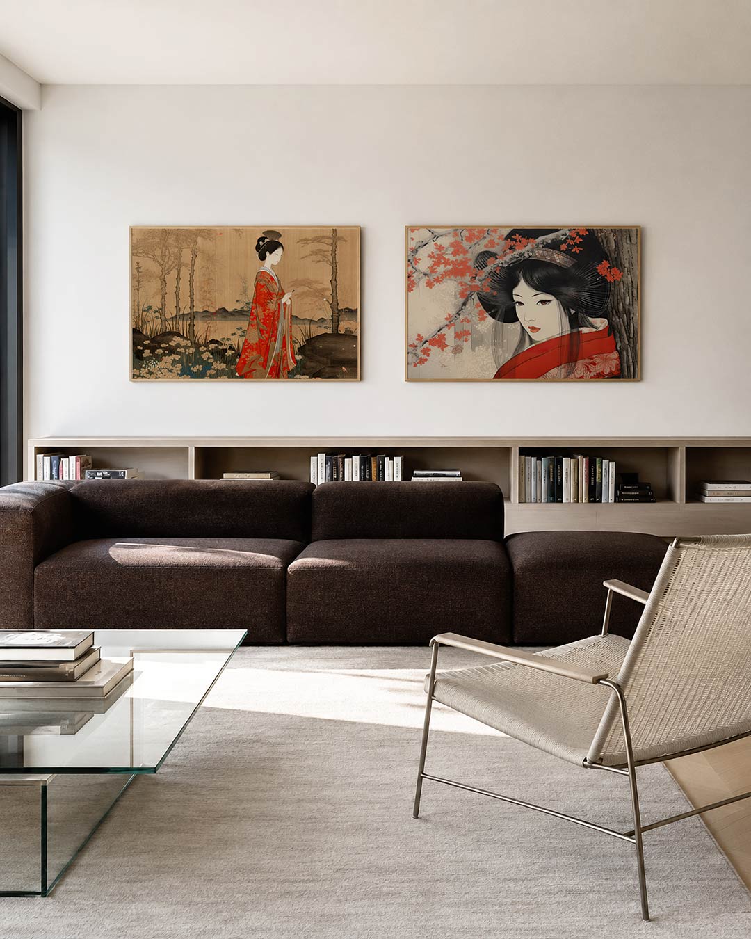 Interieurbeeld met twee liggende posters: een vrouw in een rode kimono met bloemrijke details