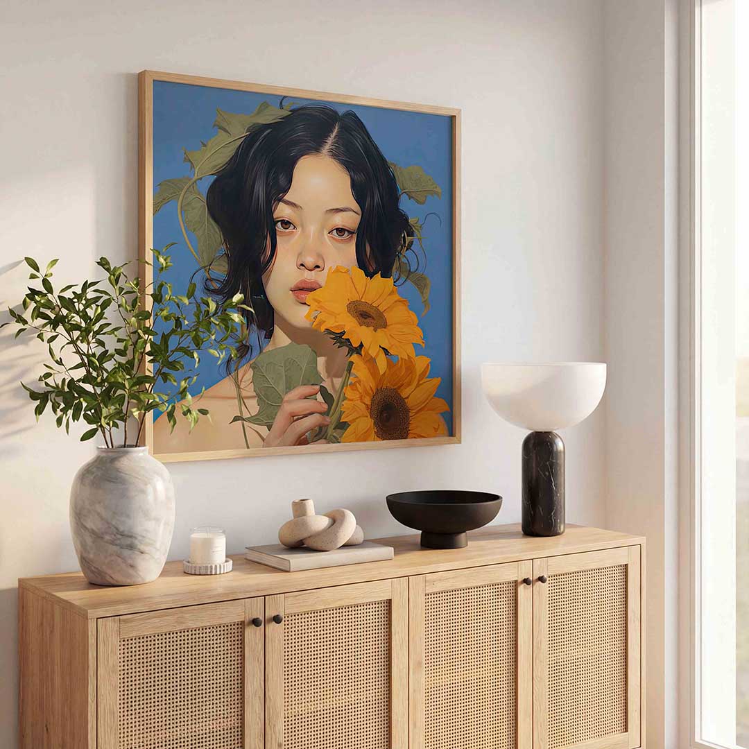 Vrouw met zonnebloemen Poster