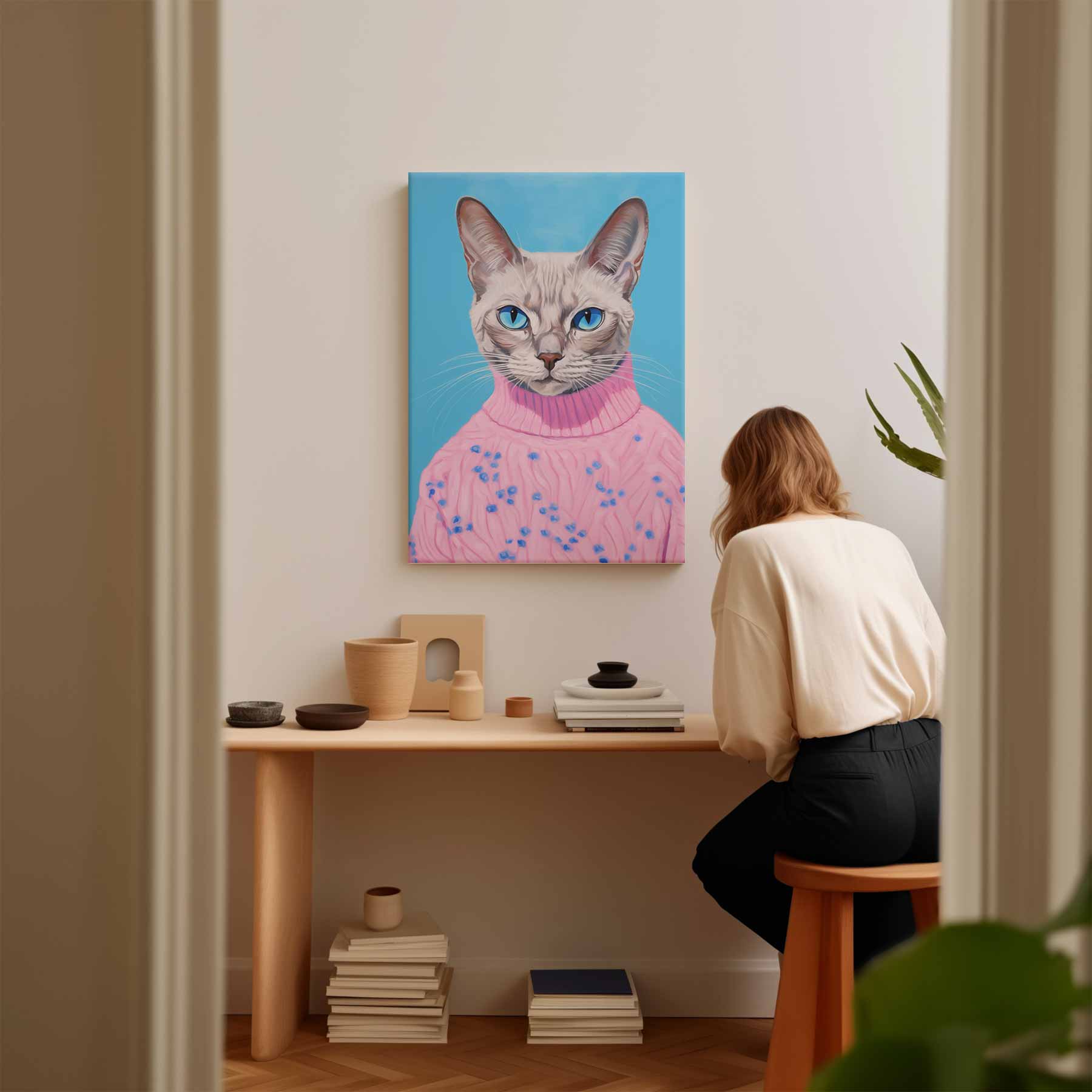 Kat in Roze Trui Portret Kunstwerk-canvas-dibond-plexiglas-wanddecoratie-WallArtistic