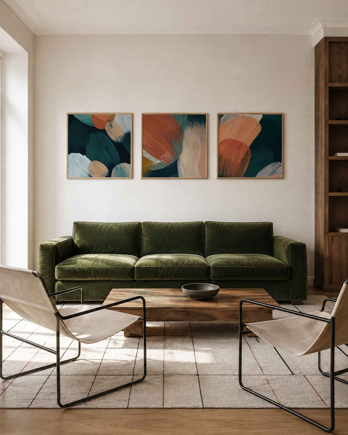 Interieurpresentatie van een driedelige vierkante posterset met abstracte penseelstreken