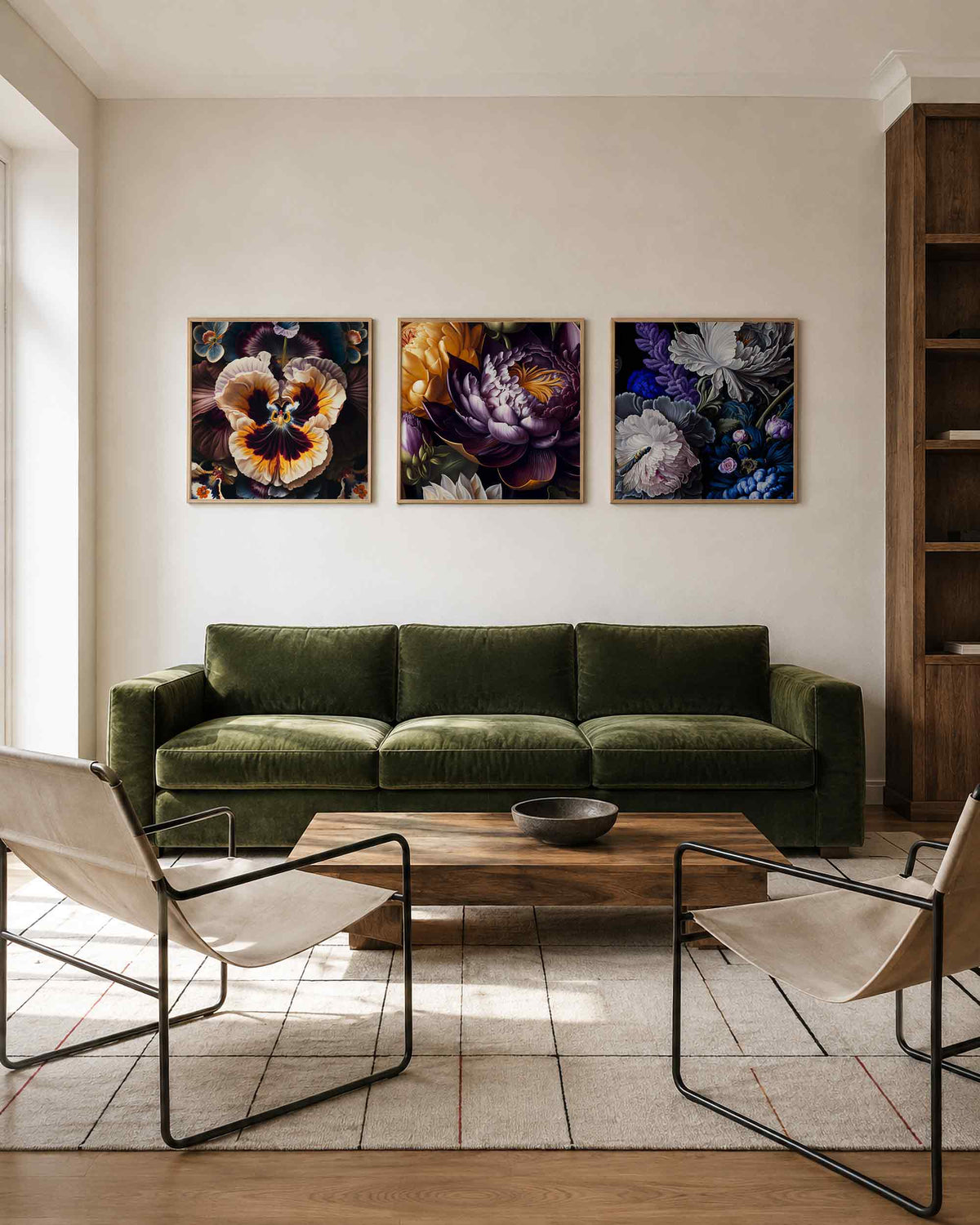 Interieurpresentatie van een driedelige vierkante posterset met kleurrijke bloemen