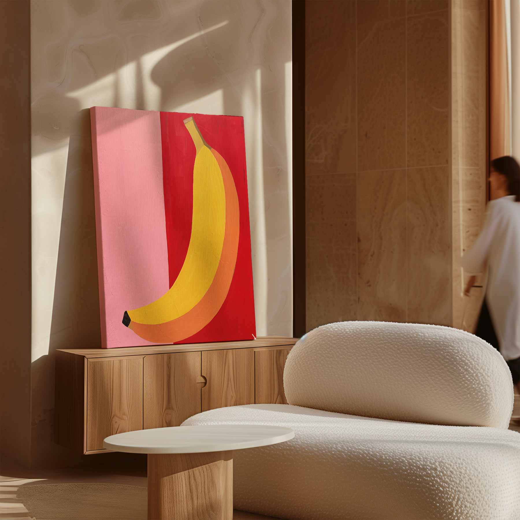 Kleurrijke Banaan op Roze en Rood Kunstwerk-canvas-dibond-plexiglas-wanddecoratie-WallArtistic