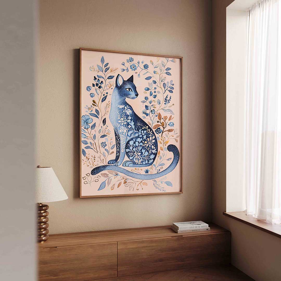 Blauwe kat met bloemen Poster