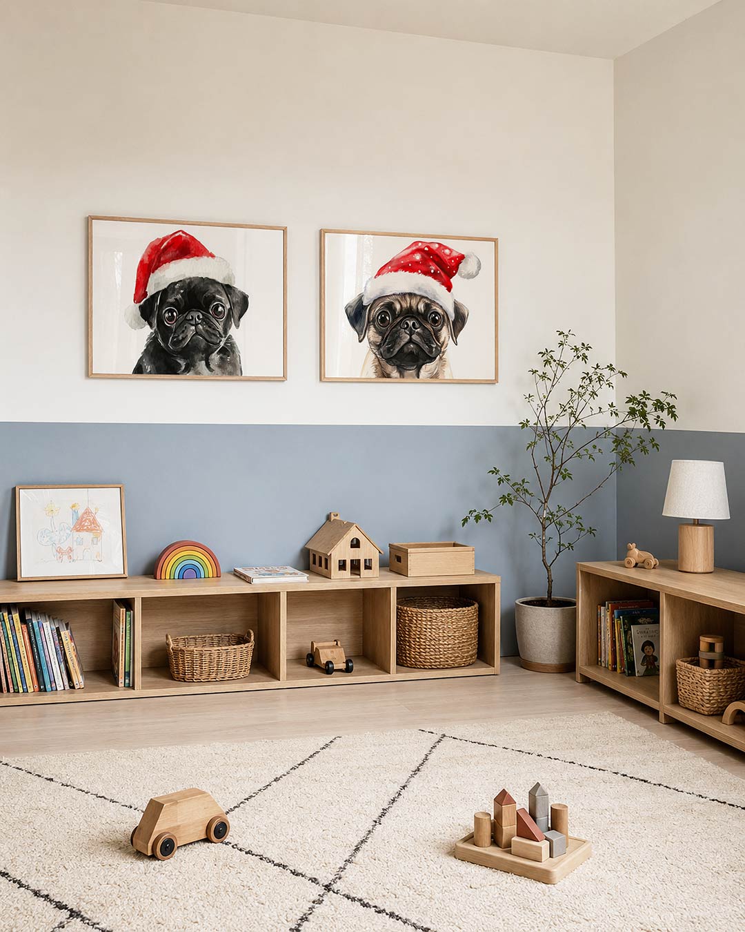 Interieurpresentatie van twee posters met donkere tinten en een rustige visuele opbouw