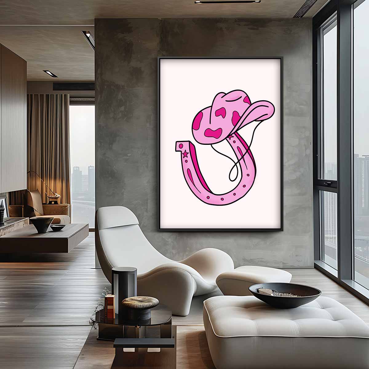 Roze Cowboyhoed en Hoefijzer Illustratie Kunstwerk-canvas-dibond-plexiglas-wanddecoratie-WallArtistic