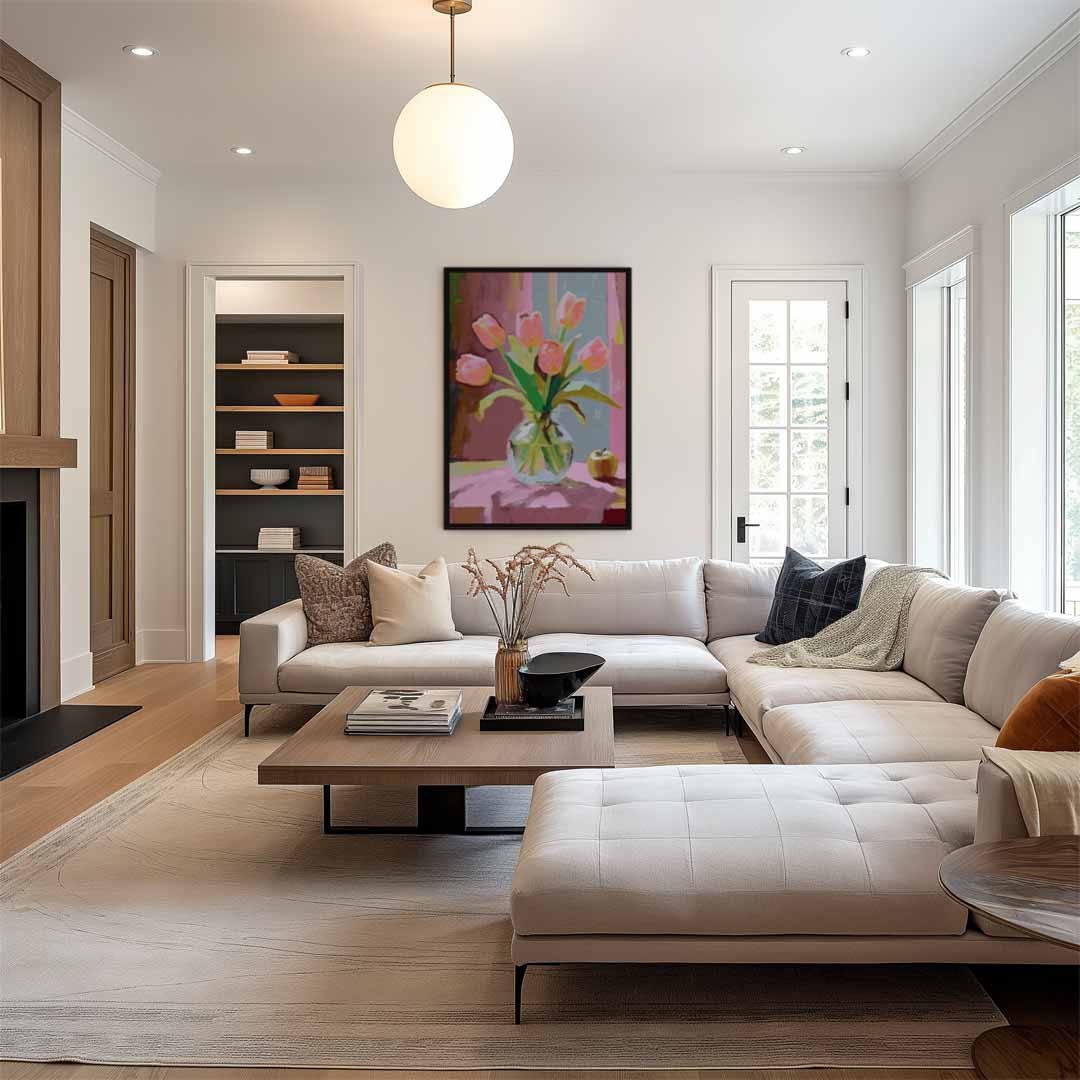 Vrolijke Tulpen in Vaas Kunstwerk-canvas-dibond-plexiglas-wanddecoratie-WallArtistic