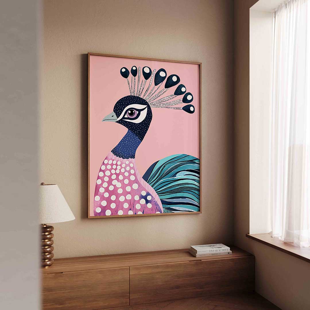 Pauw met roze achtergrond Poster