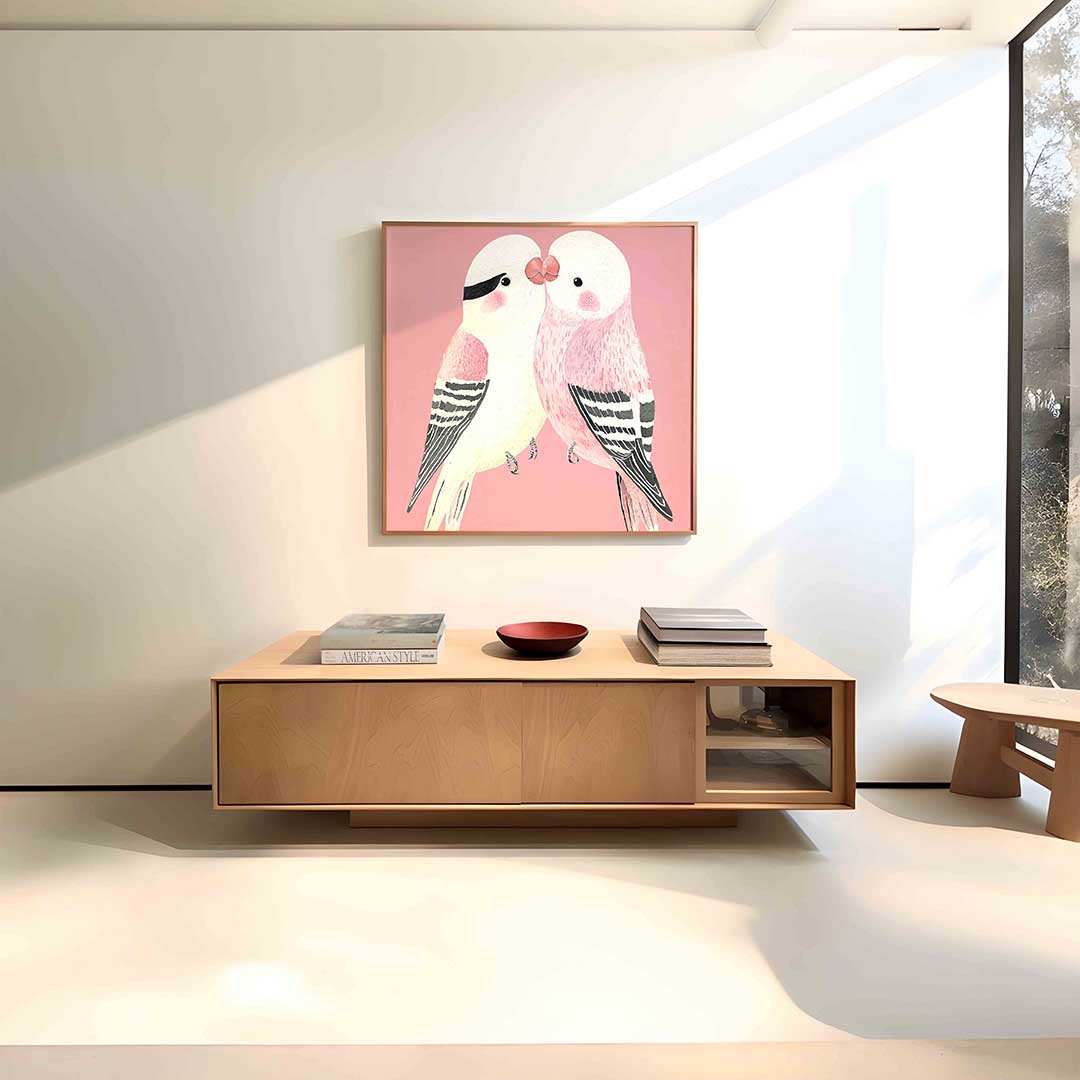 Twee vogels op roze achtergrond Poster