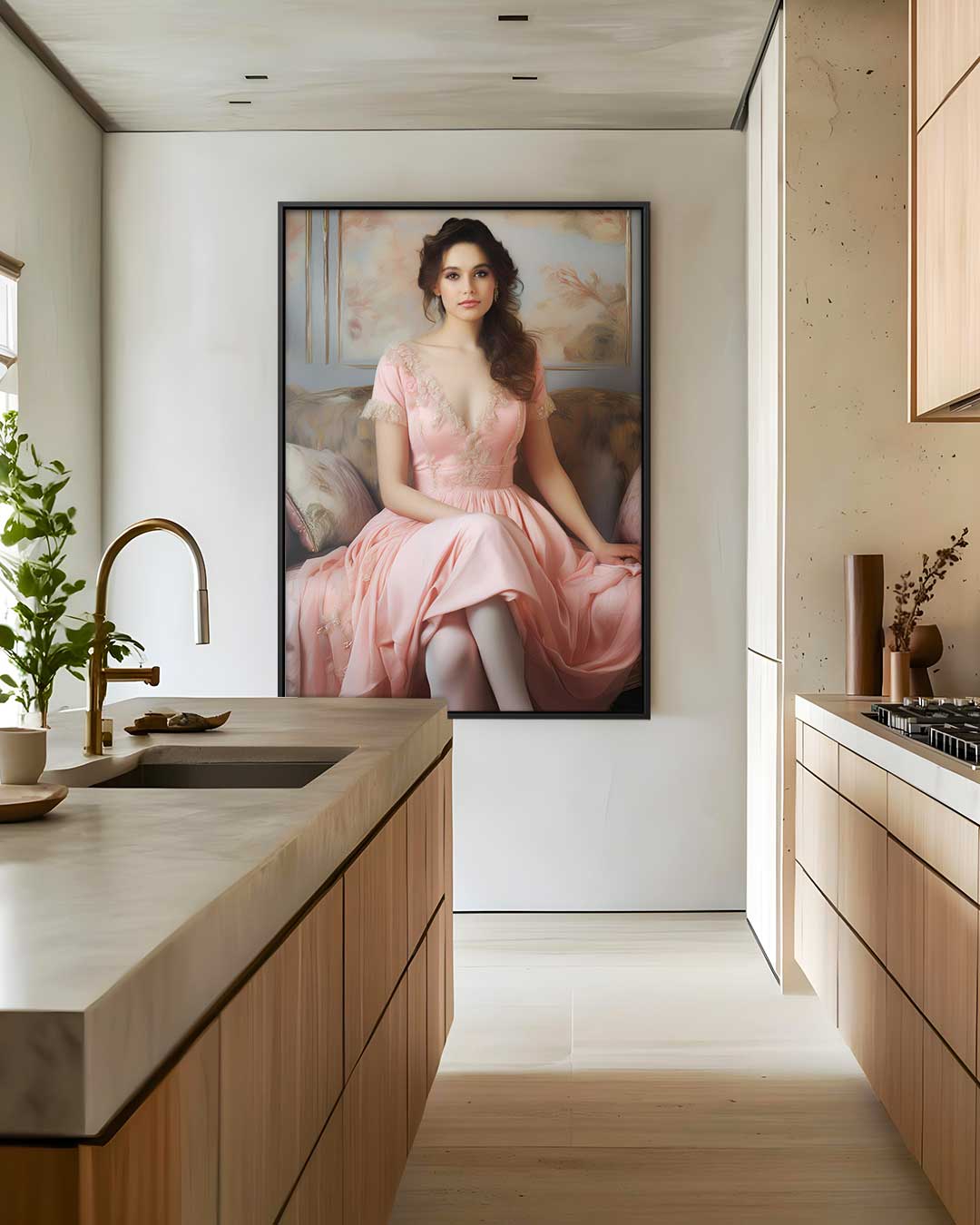 Dromerige Dame in Roze Jurk Kunstwerk-canvas-dibond-plexiglas-wanddecoratie-WallArtistic