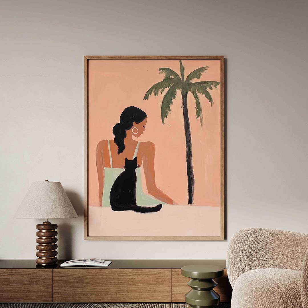 Vrouw met kat en palmboom Poster