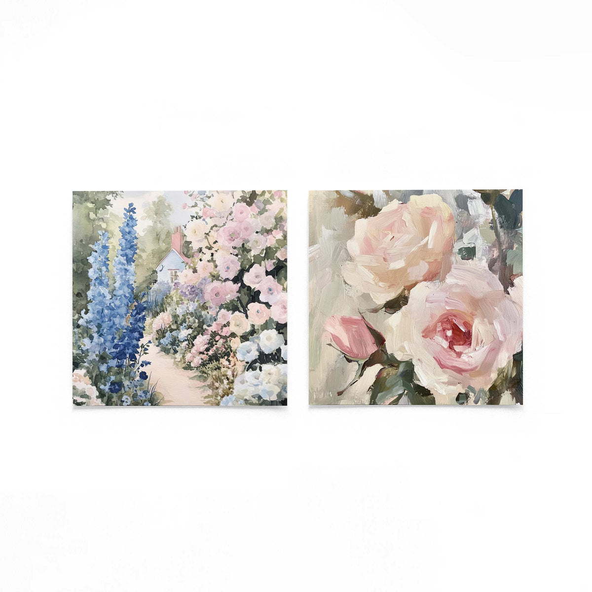 Twee vierkante posters met bloementuin en rozen op een gebroken witte achtergrond