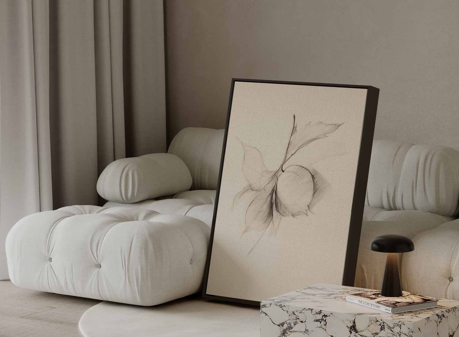 Minimalistische Potloodtekening van Blad en Vrucht Kunstwerk-canvas-dibond-plexiglas-wanddecoratie-WallArtistic