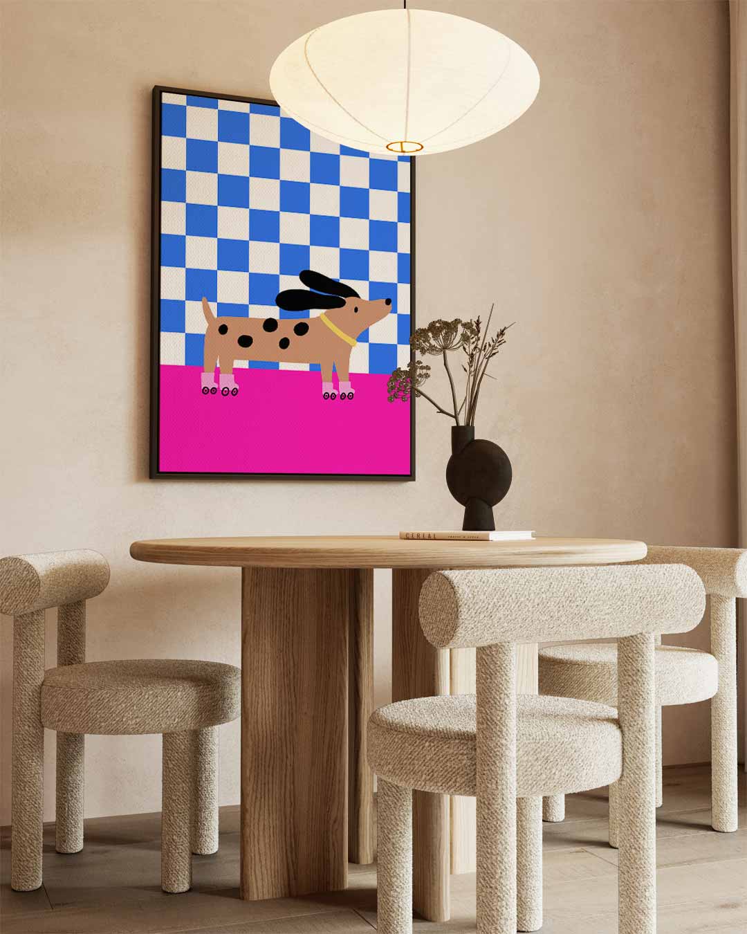 Hond op Rolschaatsen in Stijlvol Patroon Kunstwerk-canvas-dibond-plexiglas-wanddecoratie-WallArtistic