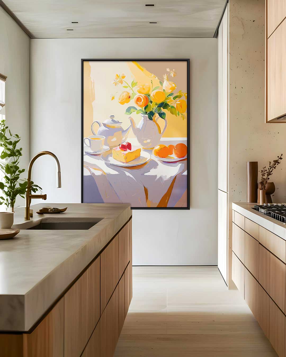 Zonovergoten Stilleven met Bloemen en Thee Kunstwerk-canvas-dibond-plexiglas-wanddecoratie-WallArtistic