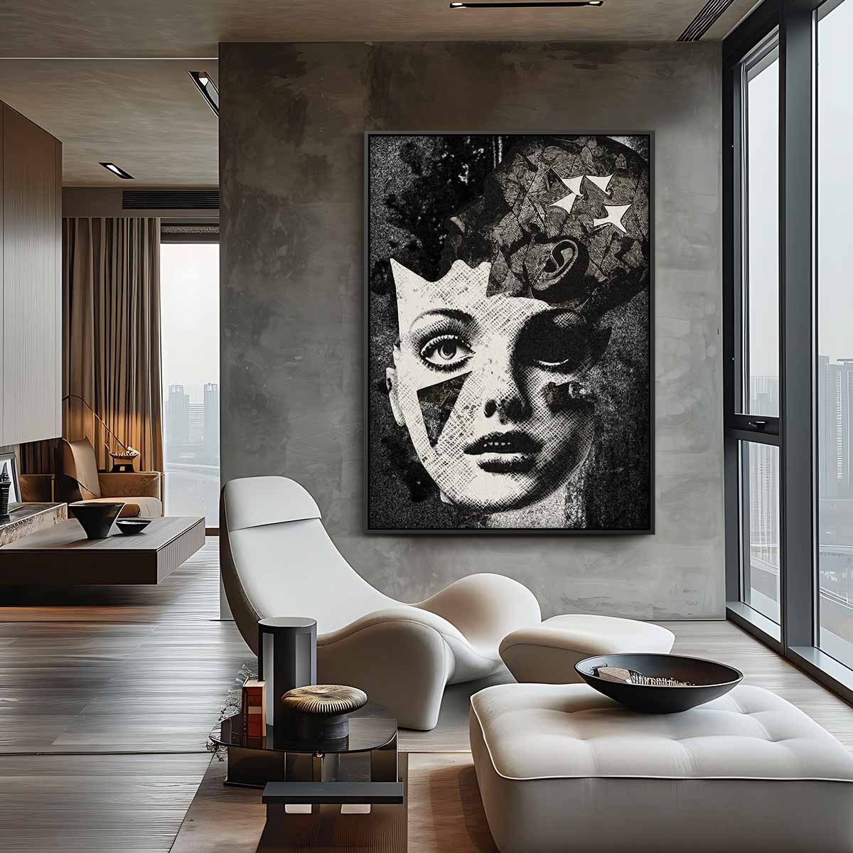 Surrealistische Collage Vrouwengezicht Kunstwerk-canvas-dibond-plexiglas-wanddecoratie-WallArtistic