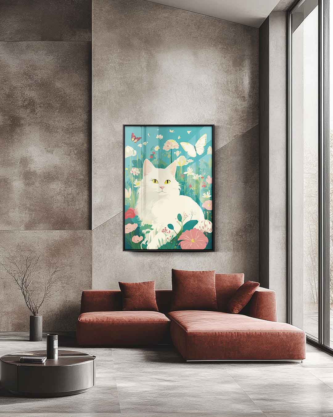 Dromerige Kat in Bloemenweide Kunstwerk-canvas-dibond-plexiglas-wanddecoratie-WallArtistic