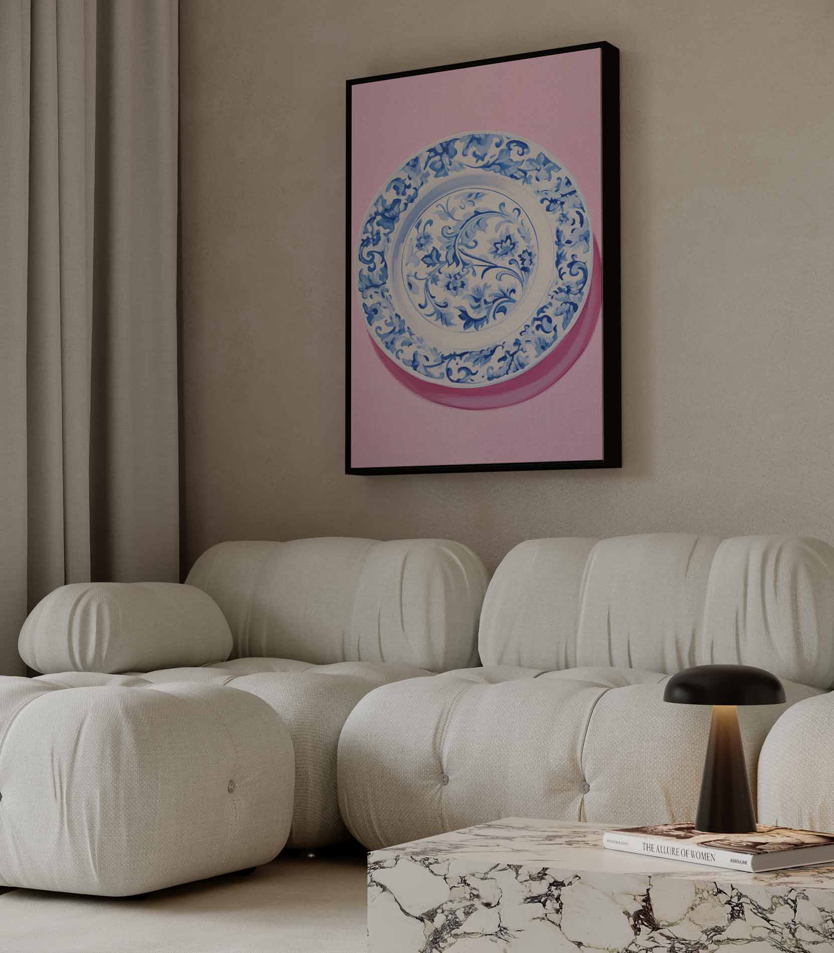 Blauwe Bloemenpracht op Roze Kunstwerk-canvas-dibond-plexiglas-wanddecoratie-WallArtistic