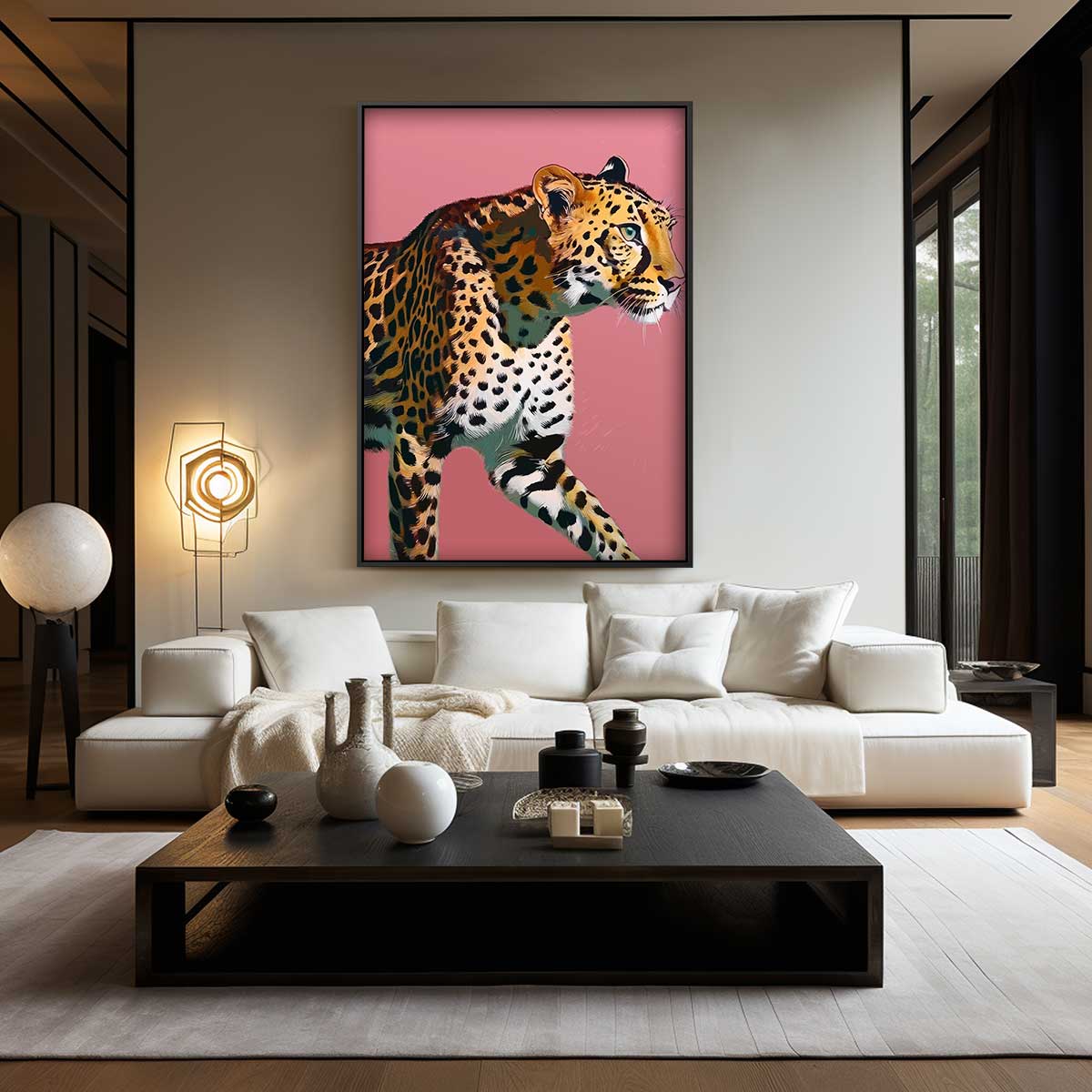 Elegante Luipaard op Roze Achtergrond Kunstwerk-canvas-dibond-plexiglas-wanddecoratie-WallArtistic