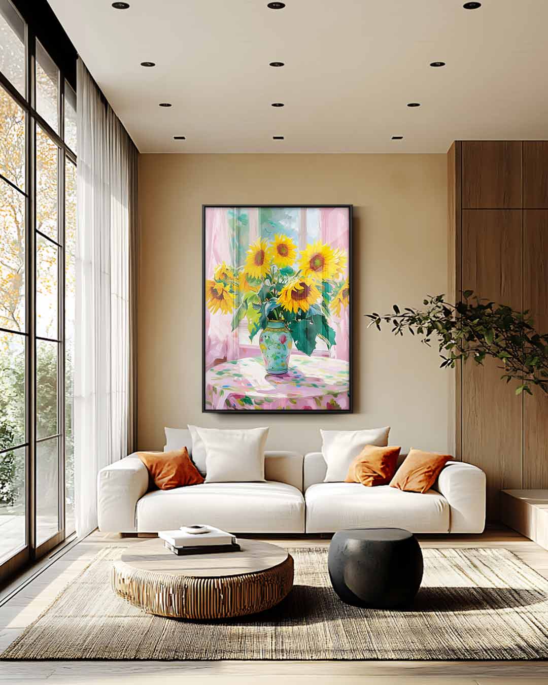 Zonnige Zonnebloemen in Vensterlicht Kunstwerk-canvas-dibond-plexiglas-wanddecoratie-WallArtistic