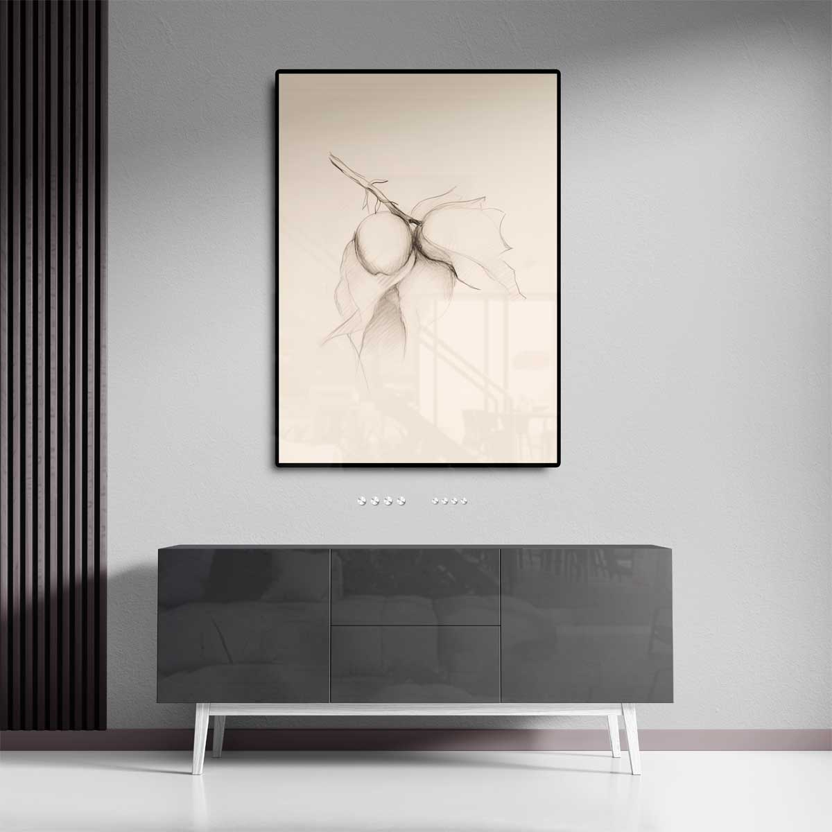 Potloodschets van Tak met Vruchten Kunstwerk-canvas-dibond-plexiglas-wanddecoratie-WallArtistic
