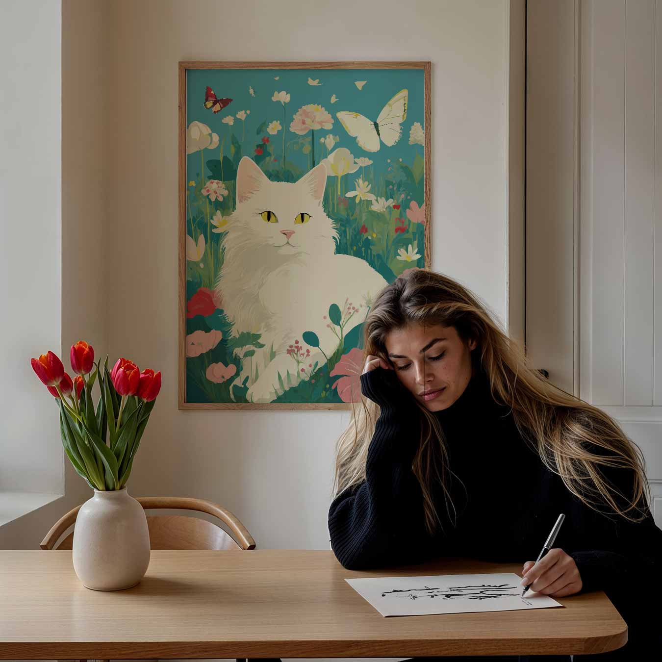 Vrolijke Kat in Bloementuin Poster