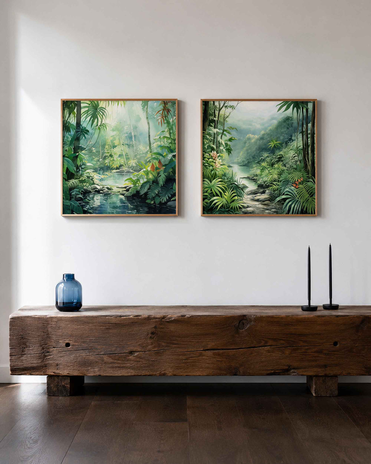 Interieurpresentatie van een tweedelige vierkante posterset met tropische jungle