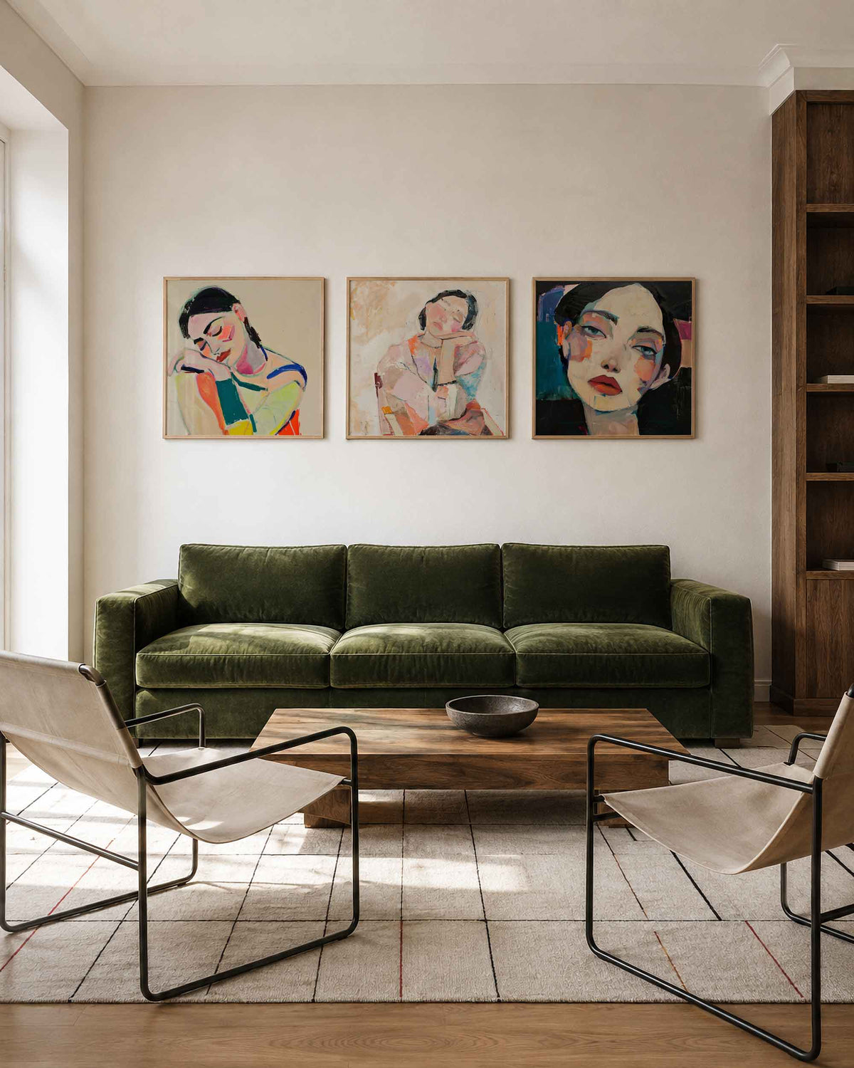 Interieurpresentatie van een driedelige vierkante posterset met expressieve portretten