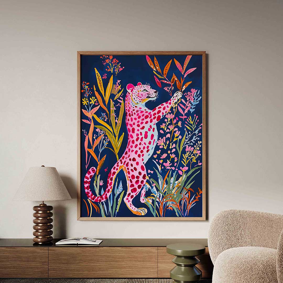 Roze luipaard met bloemen Poster