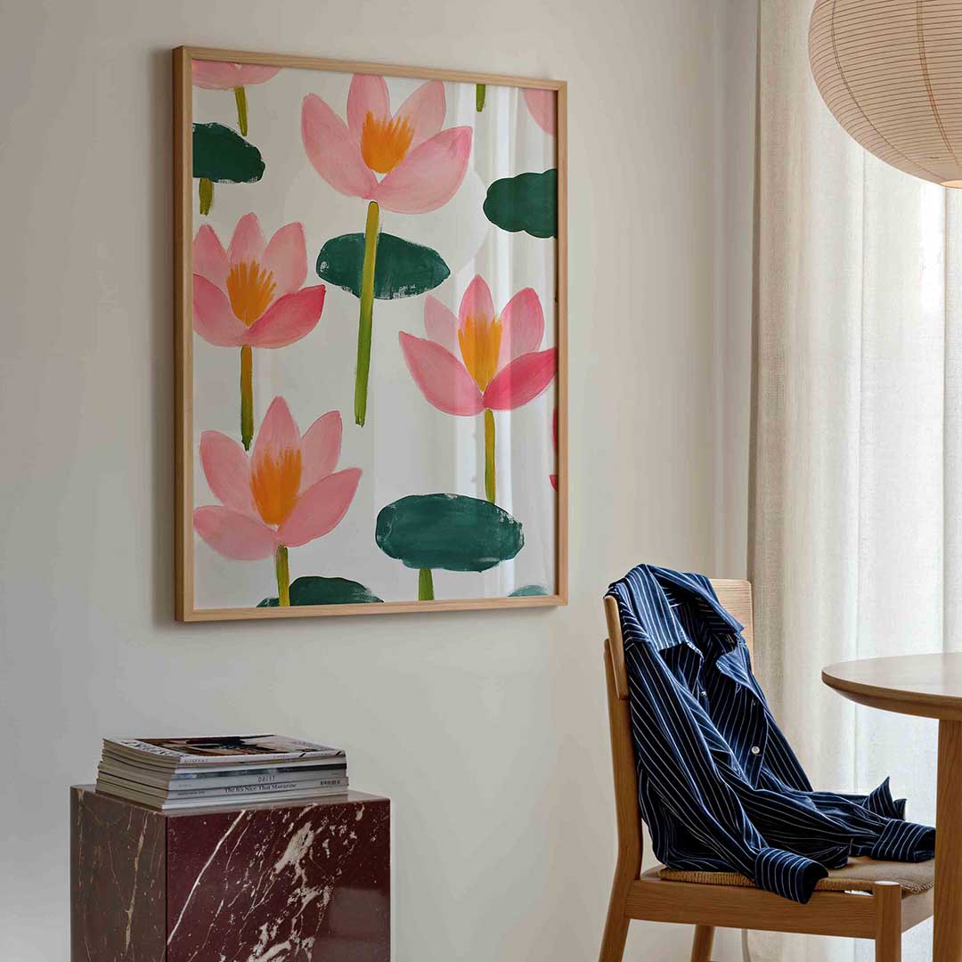 Roze bloemen en groene bladeren Poster
