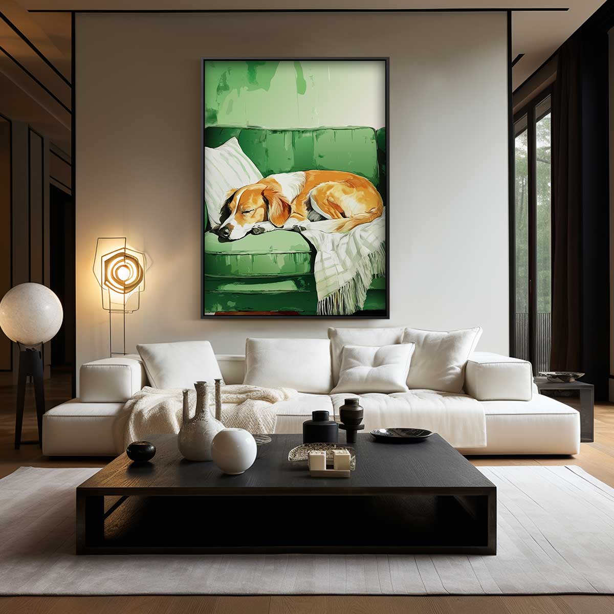 Slapende Hond op Groene Bank Kunstwerk-canvas-dibond-plexiglas-wanddecoratie-WallArtistic