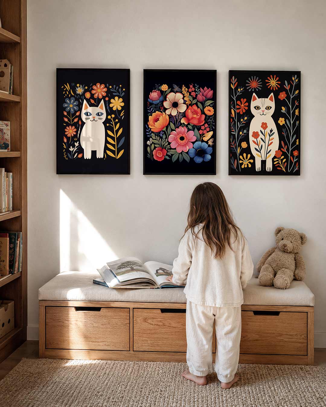 Kleurrijke kat en bloemen Posterset