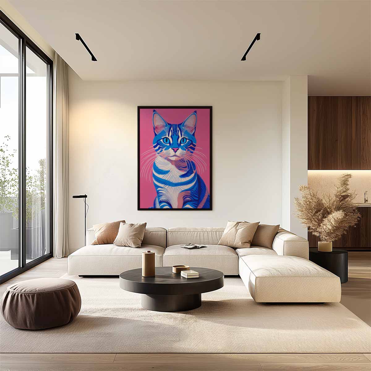 Blauw en Roze Kat Portret Kunstwerk-canvas-dibond-plexiglas-wanddecoratie-WallArtistic