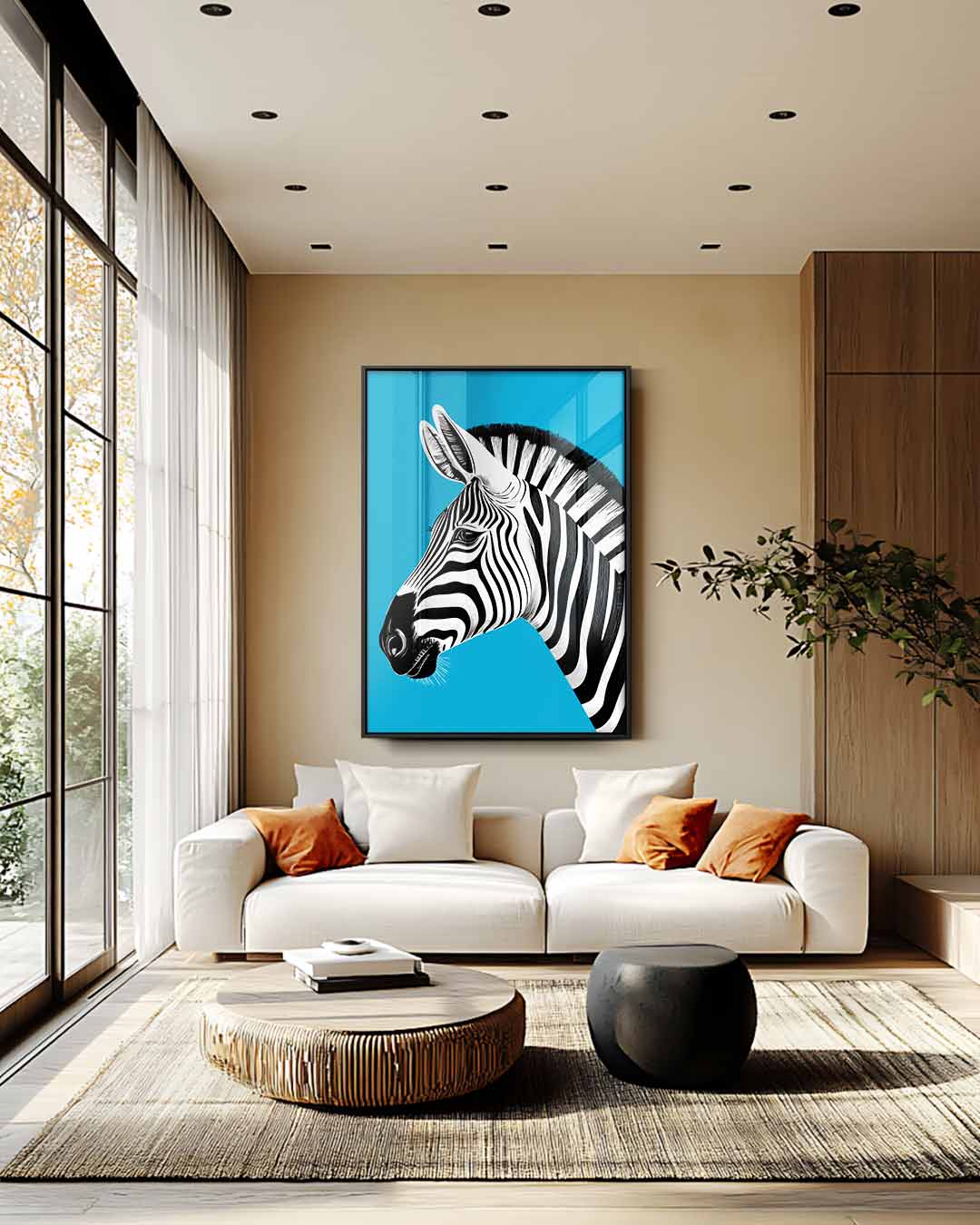 Zebra in het Blauw Kunstwerk-canvas-dibond-plexiglas-wanddecoratie-WallArtistic