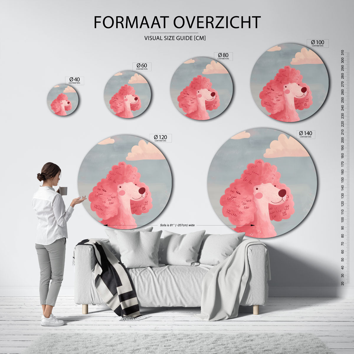 Roze poedel met wolken Muurcirkel