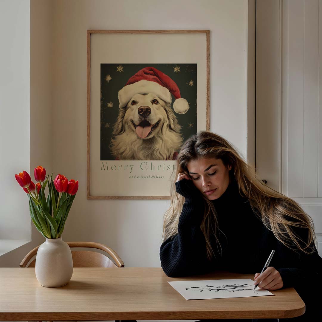 Kerstposter met Hond in Kerstmuts Poster-WallArtistic