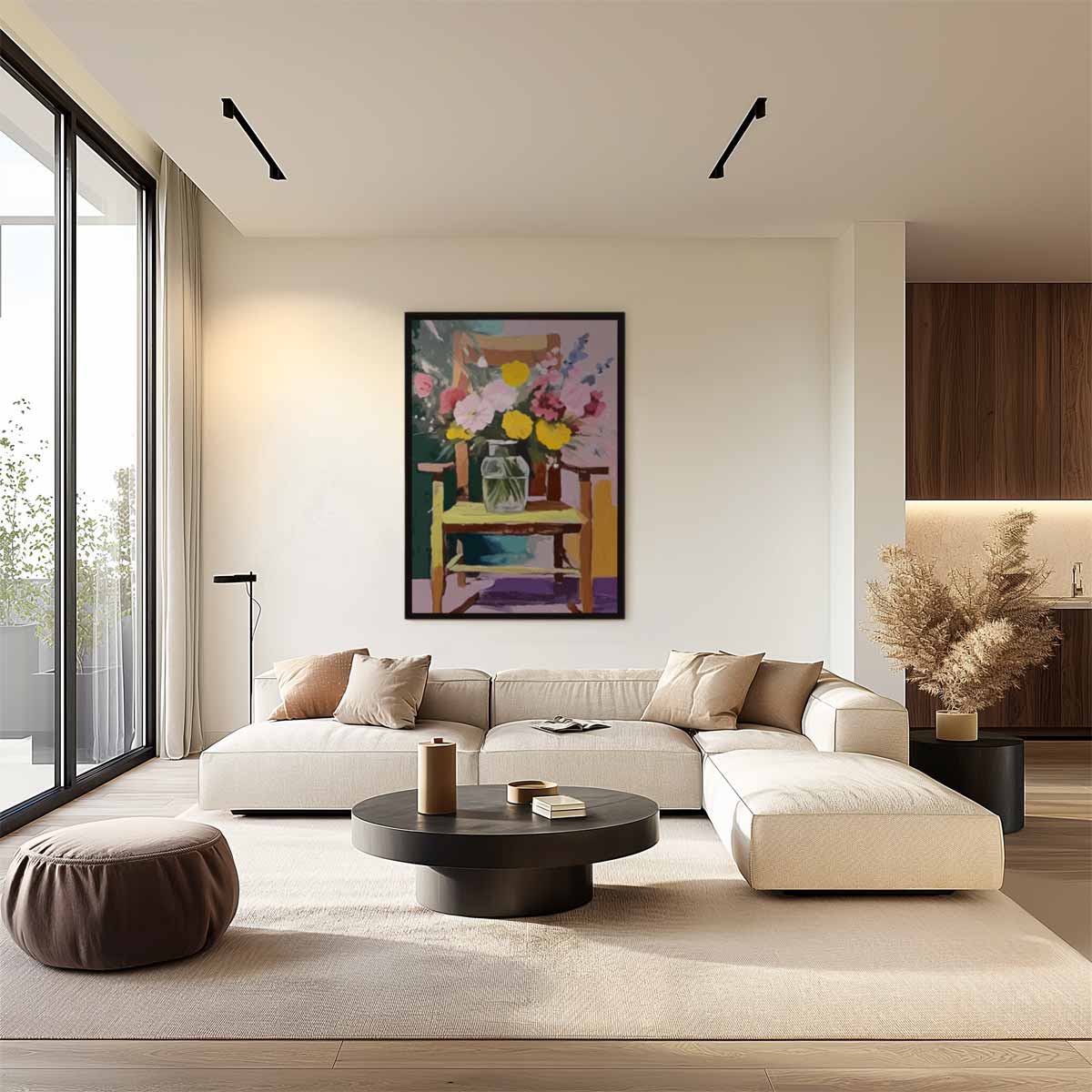 Zomerbloemen op Stoel Kunstwerk-canvas-dibond-plexiglas-wanddecoratie-WallArtistic