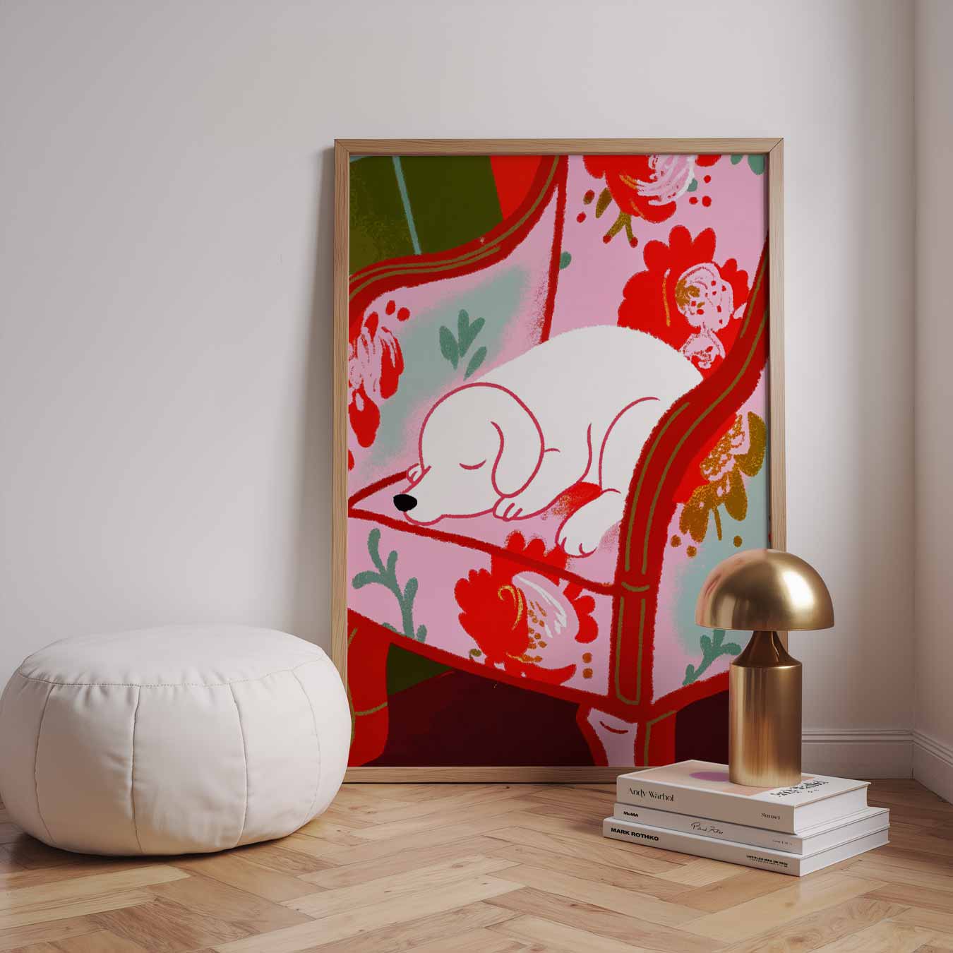Cozy Hond op Bloemenstoel Poster