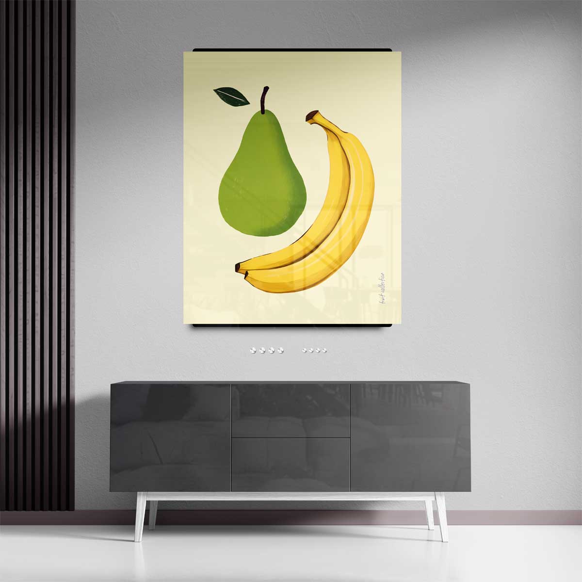 Speelse Perens en Bananen Illustratie Kunstwerk-canvas-dibond-plexiglas-wanddecoratie-WallArtistic