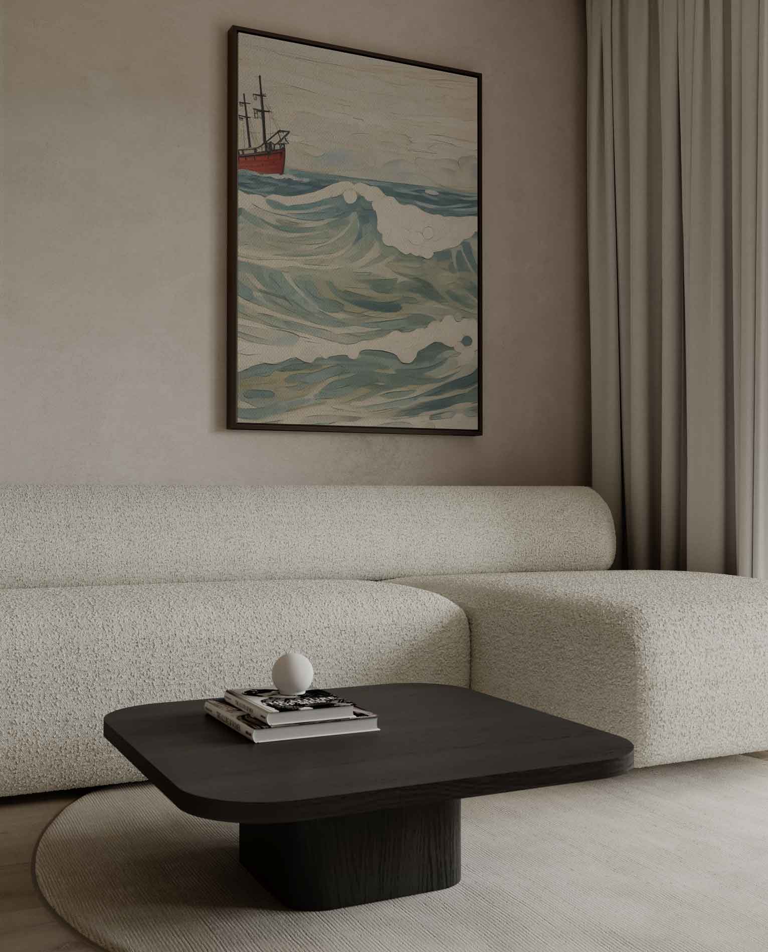 Golven van Avontuur: Rood Schip op Zee Kunstwerk-canvas-dibond-plexiglas-wanddecoratie-WallArtistic