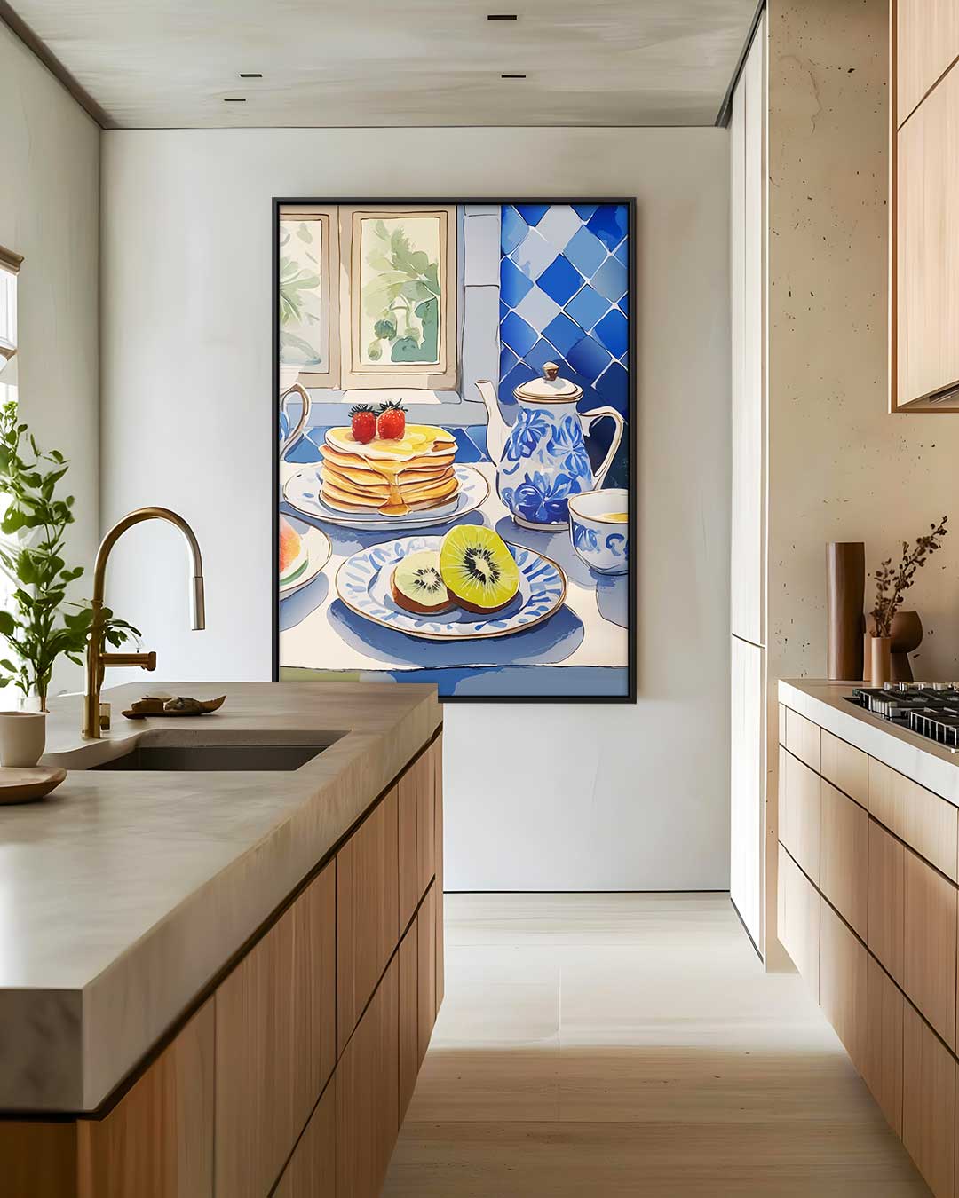 Ontbijttafel in Blauwe Tegelstijl Kunstwerk-canvas-dibond-plexiglas-wanddecoratie-WallArtistic