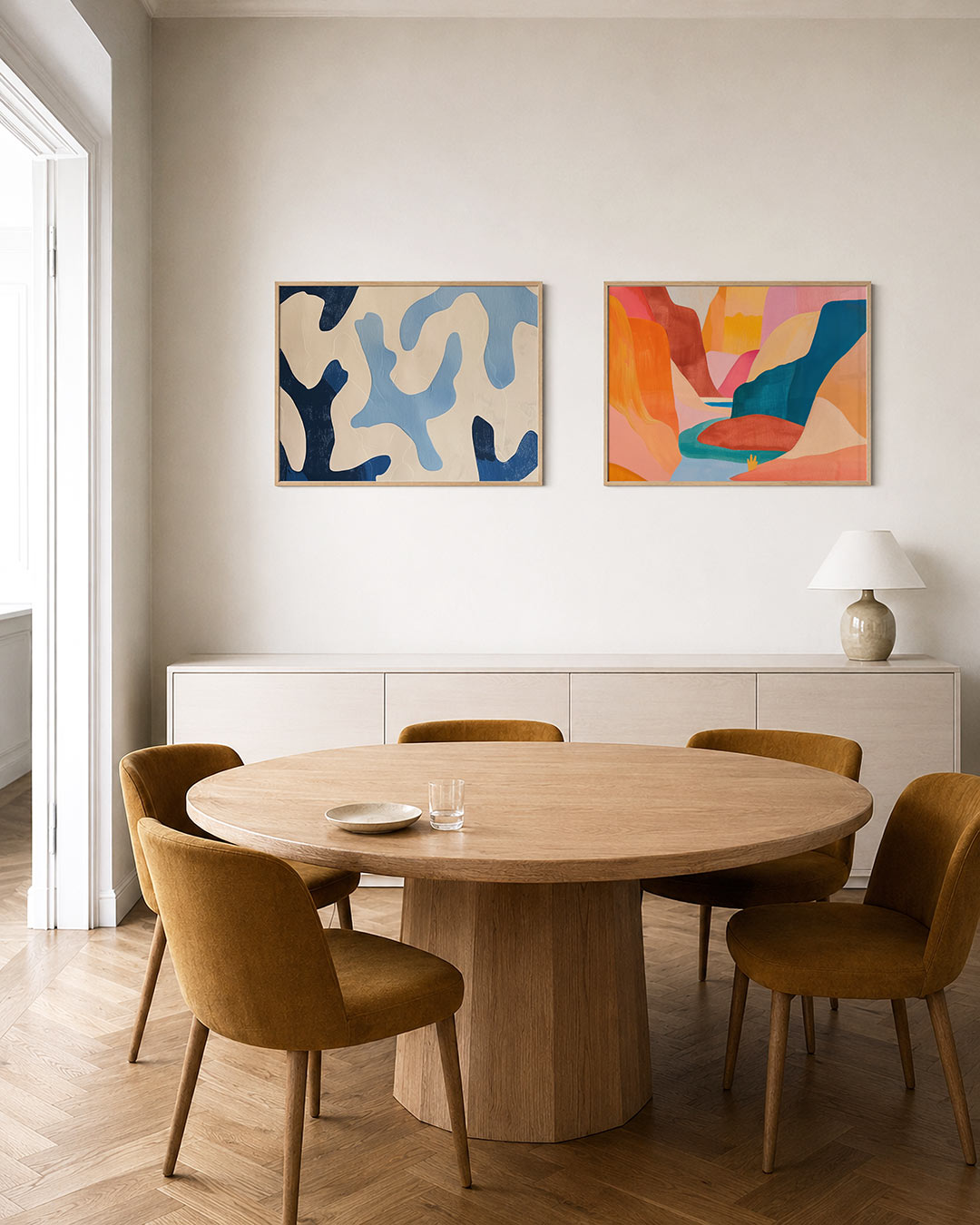 Twee liggende posters met een spel van vloeiende, organische vormen in blauw en crème, aan de muur in een interieur