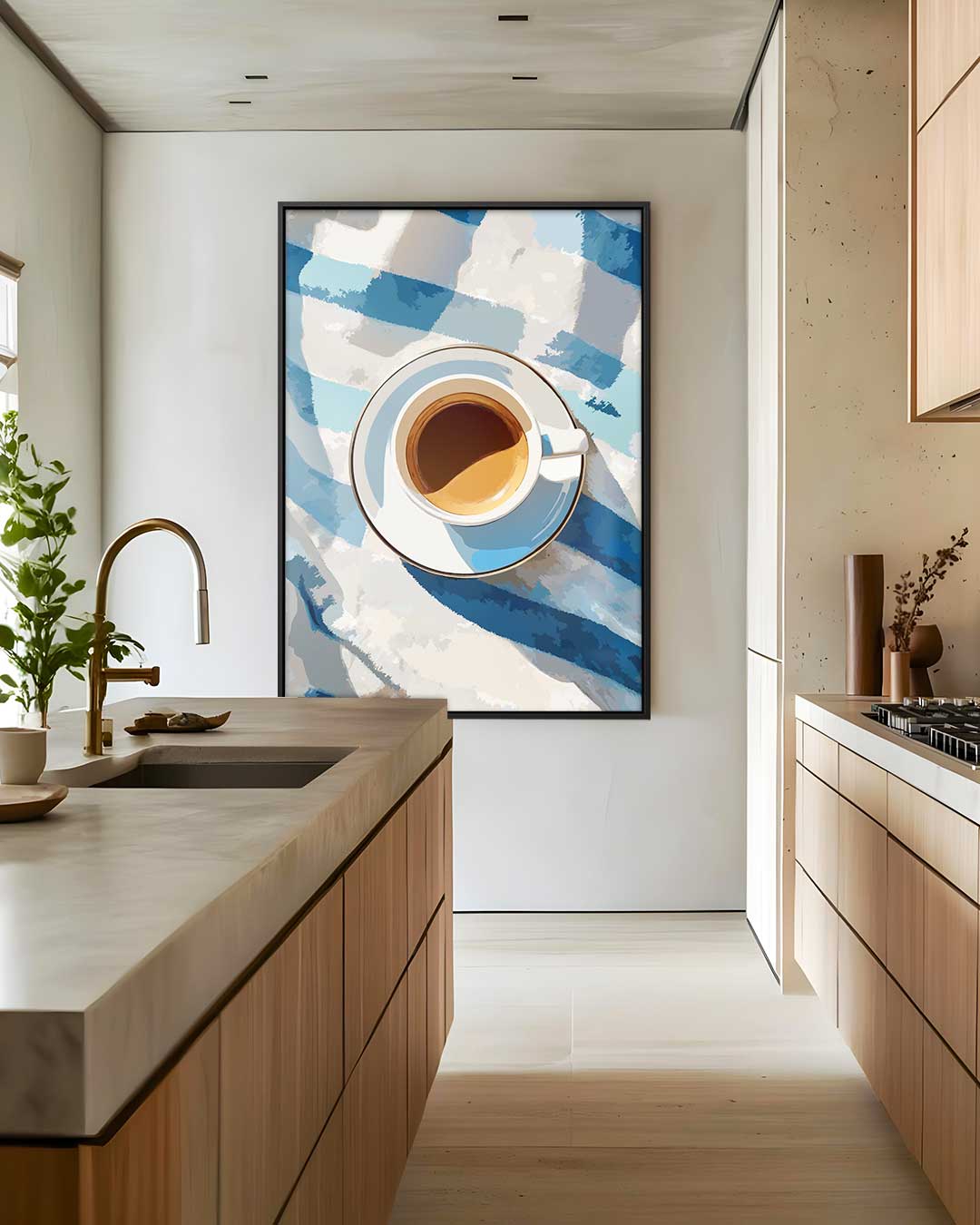 Koffiepauze op Blauwe Tafelloper Kunstwerk-canvas-dibond-plexiglas-wanddecoratie-WallArtistic