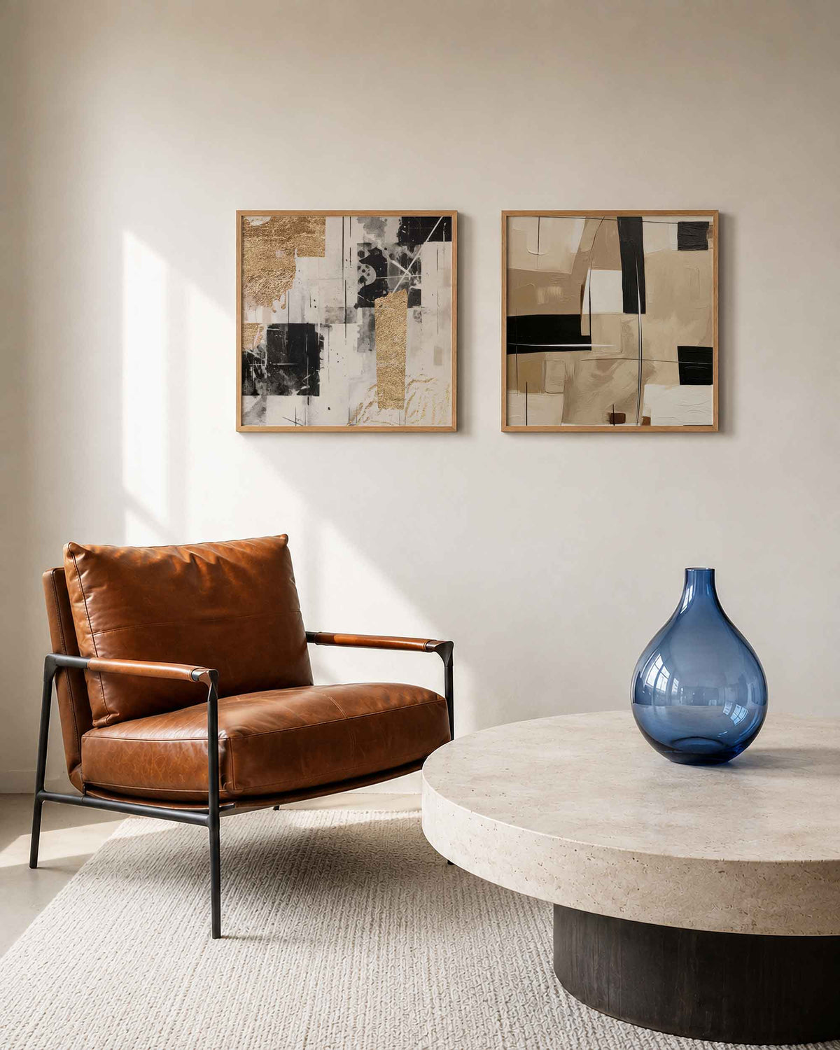 Interieurpresentatie van een tweedelige vierkante posterset met zwart beige abstracte