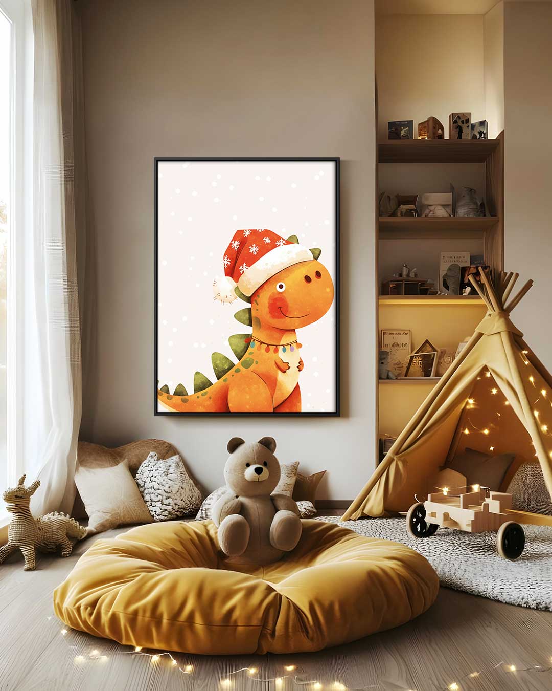 Kerstdino Vrolijkheid Kunstwerk-canvas-dibond-plexiglas-wanddecoratie-WallArtistic