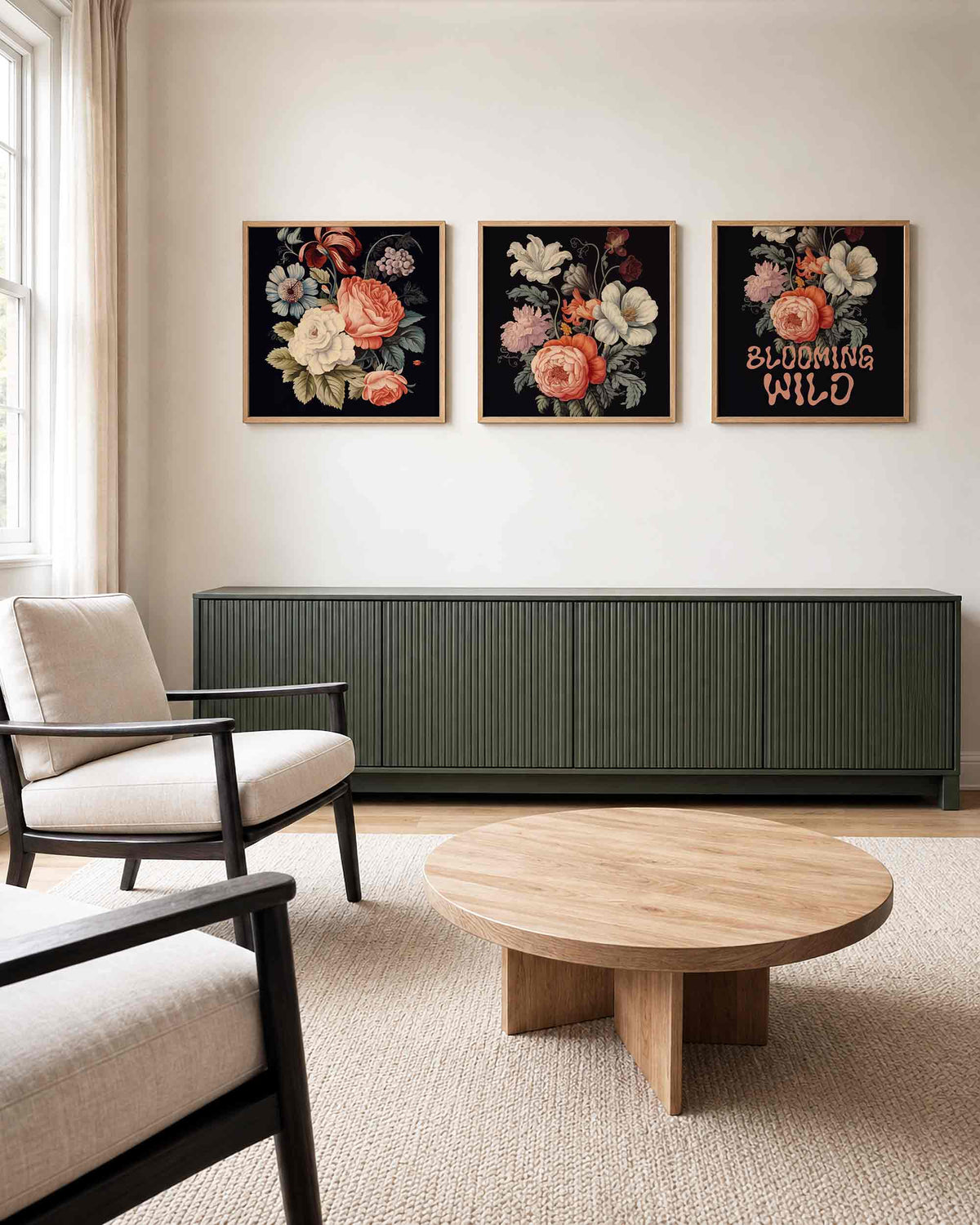 Interieurpresentatie van een driedelige vierkante posterset met bloemen op zwarte achtergrond