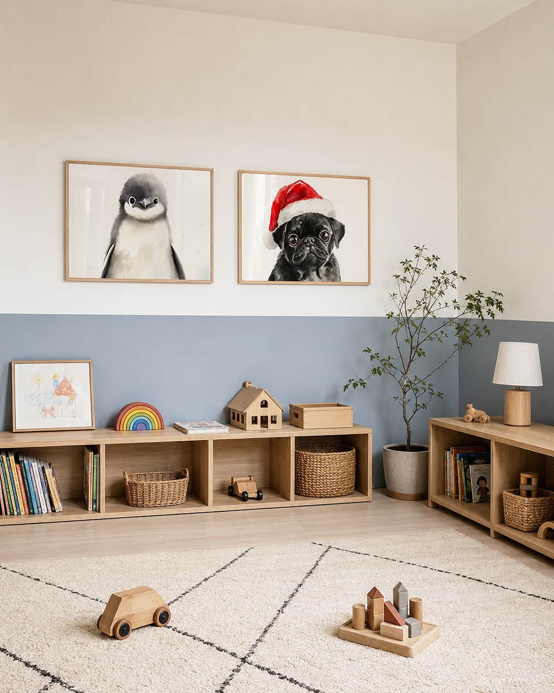 Twee liggende posters met een schattige pinguïn met zachte grijze en witte tinten, aan de muur in een interieur