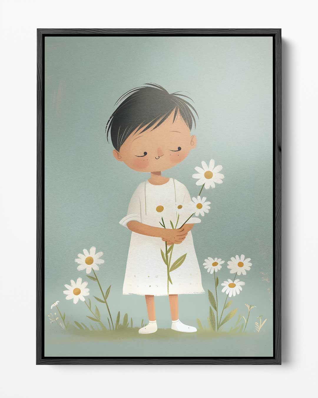 Dromerig Kind met Madeliefjes Kunstwerk-canvas-dibond-plexiglas-wanddecoratie-WallArtistic