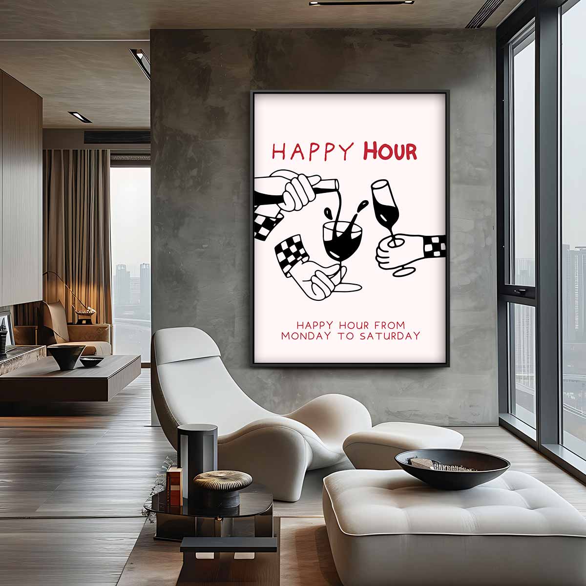 Happy Hour Illustratie Kunstwerk-canvas-dibond-plexiglas-wanddecoratie-WallArtistic