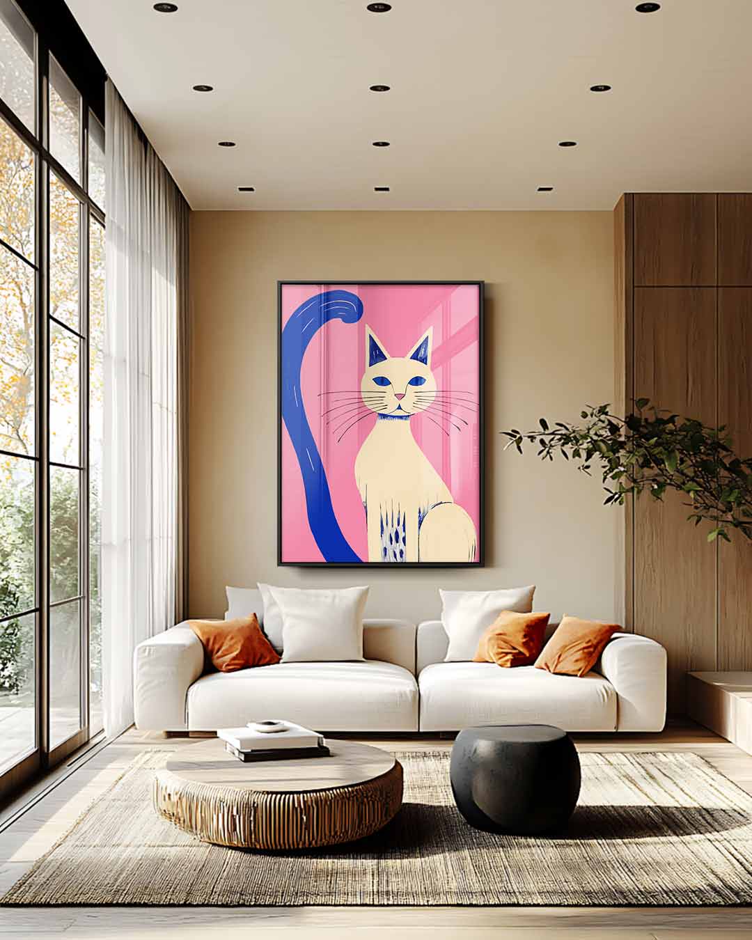 Kleurrijke Kat op Roze Achtergrond Kunstwerk-canvas-dibond-plexiglas-wanddecoratie-WallArtistic